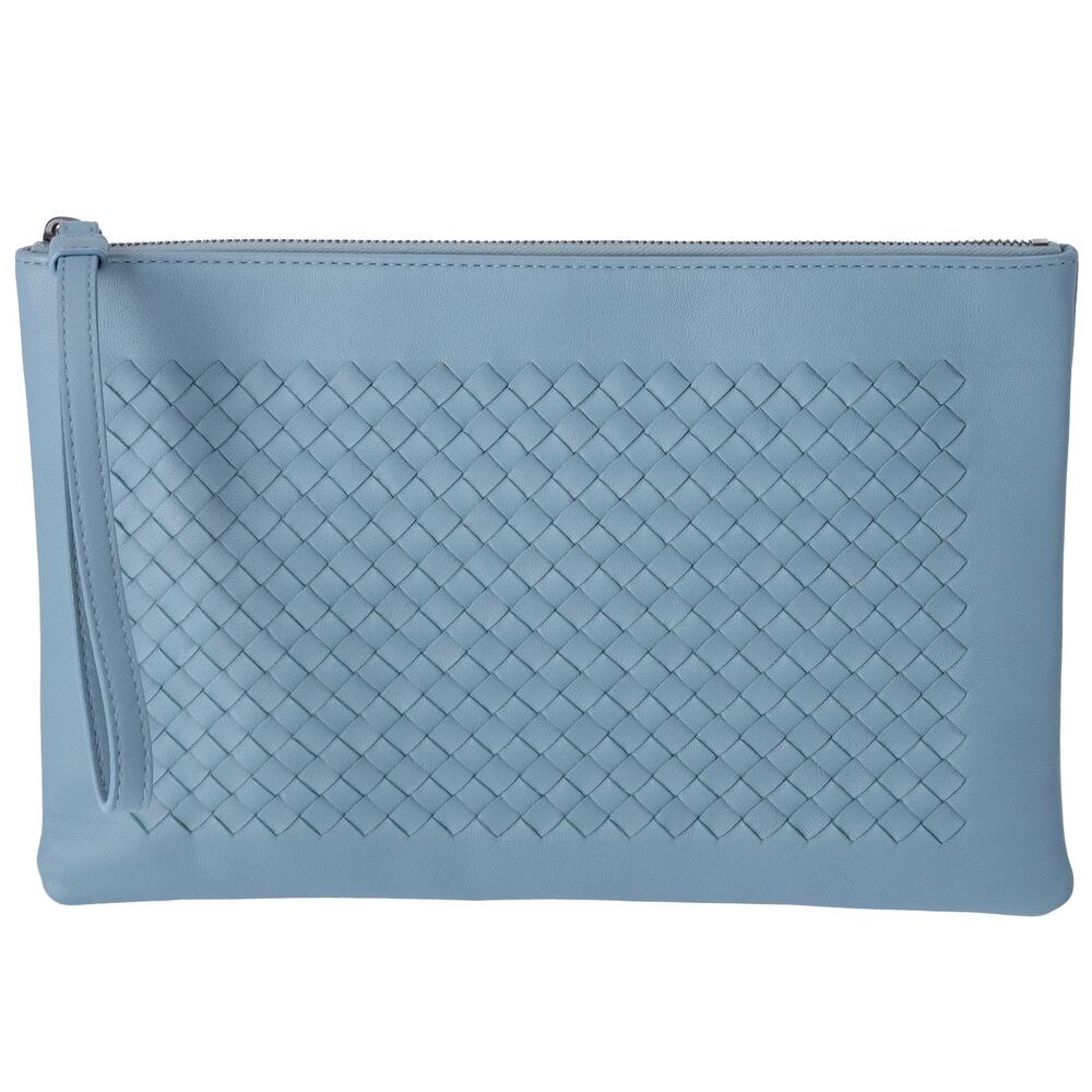 BOTTEGA VENETA Intrecciato Clutch Bag Light Blue Leather